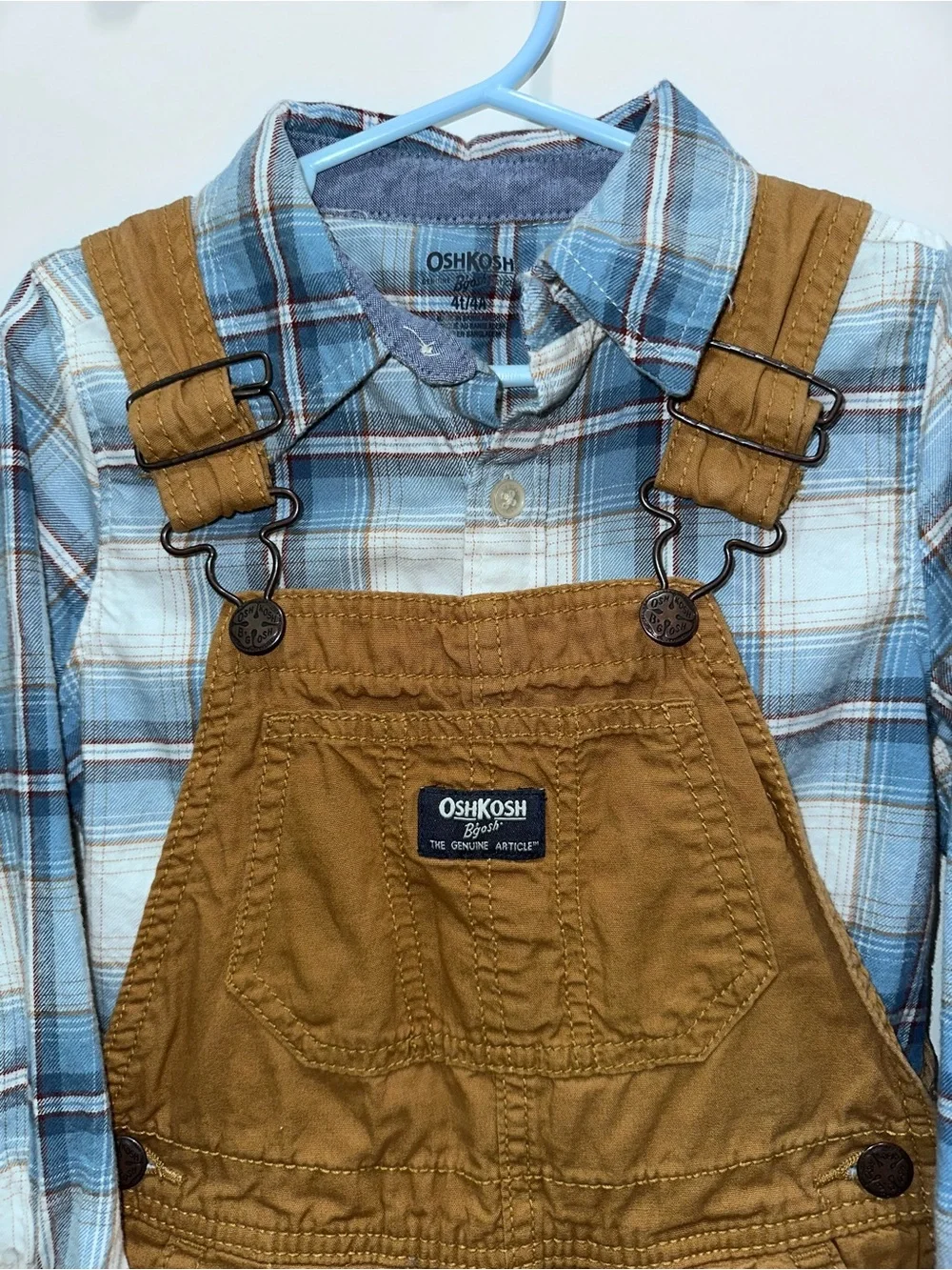 OshKosh Brown Kids Cotton Overalls with Blue Plaid Shirt
